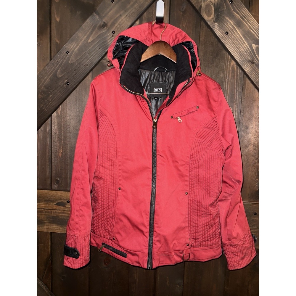 NILS Insulated Women's 14 Dark Red Ski Jacket Black Top Stitch Removable Hood